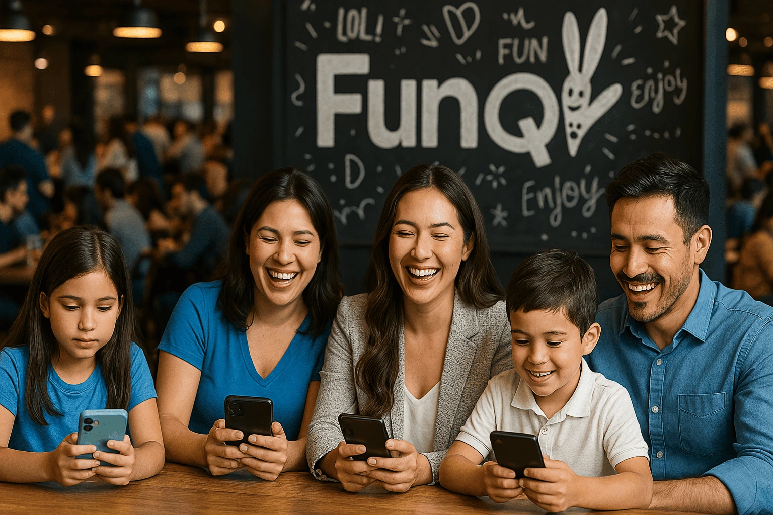 Grupo de clientes disfrutando de FunQR en un restaurante